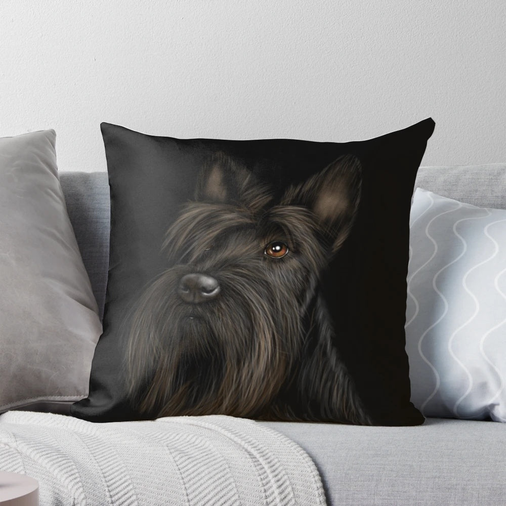 A soft and plush Scottish Terrier dog pillow in a classic black color.