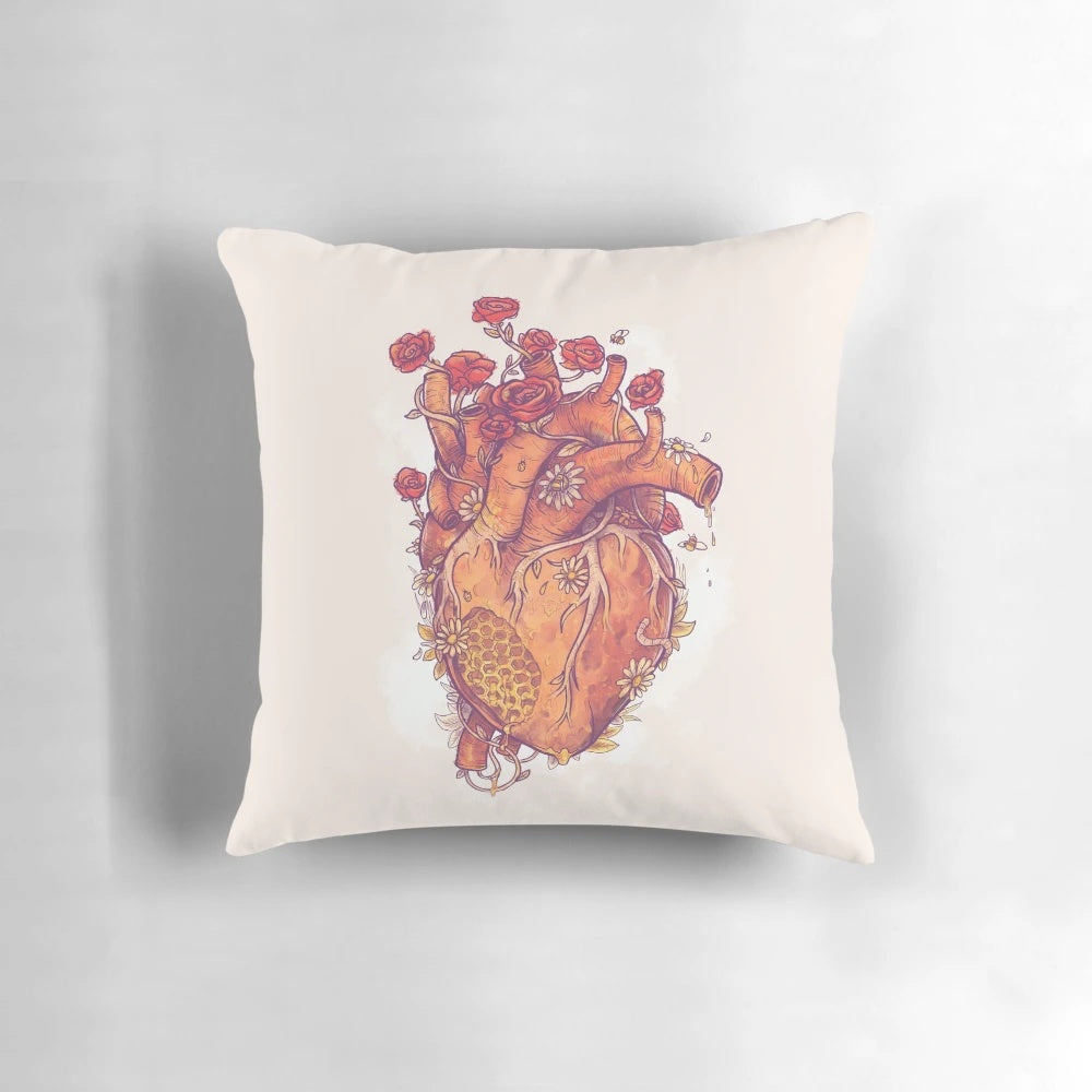 Soft and plush sweet heart pillow with a beautiful floral and honeycomb design, perfect for adding a touch of romance to your home decor.