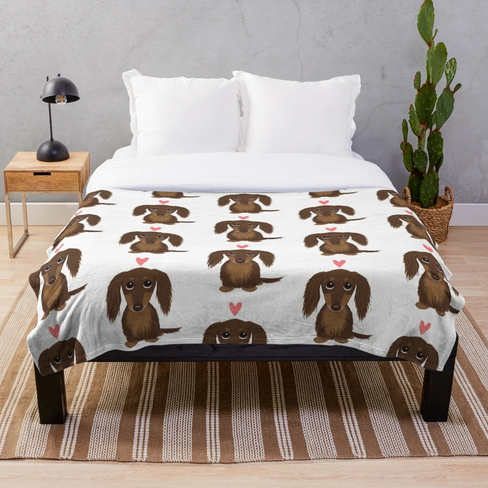 Chocolate dachshund plush blanket with heart design