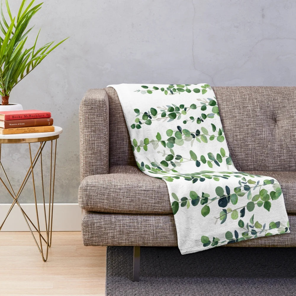Soft, plush eucalyptus garland patterned blanket