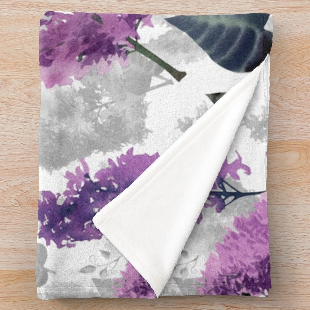 Lilac plush blanket with watercolor floral pattern