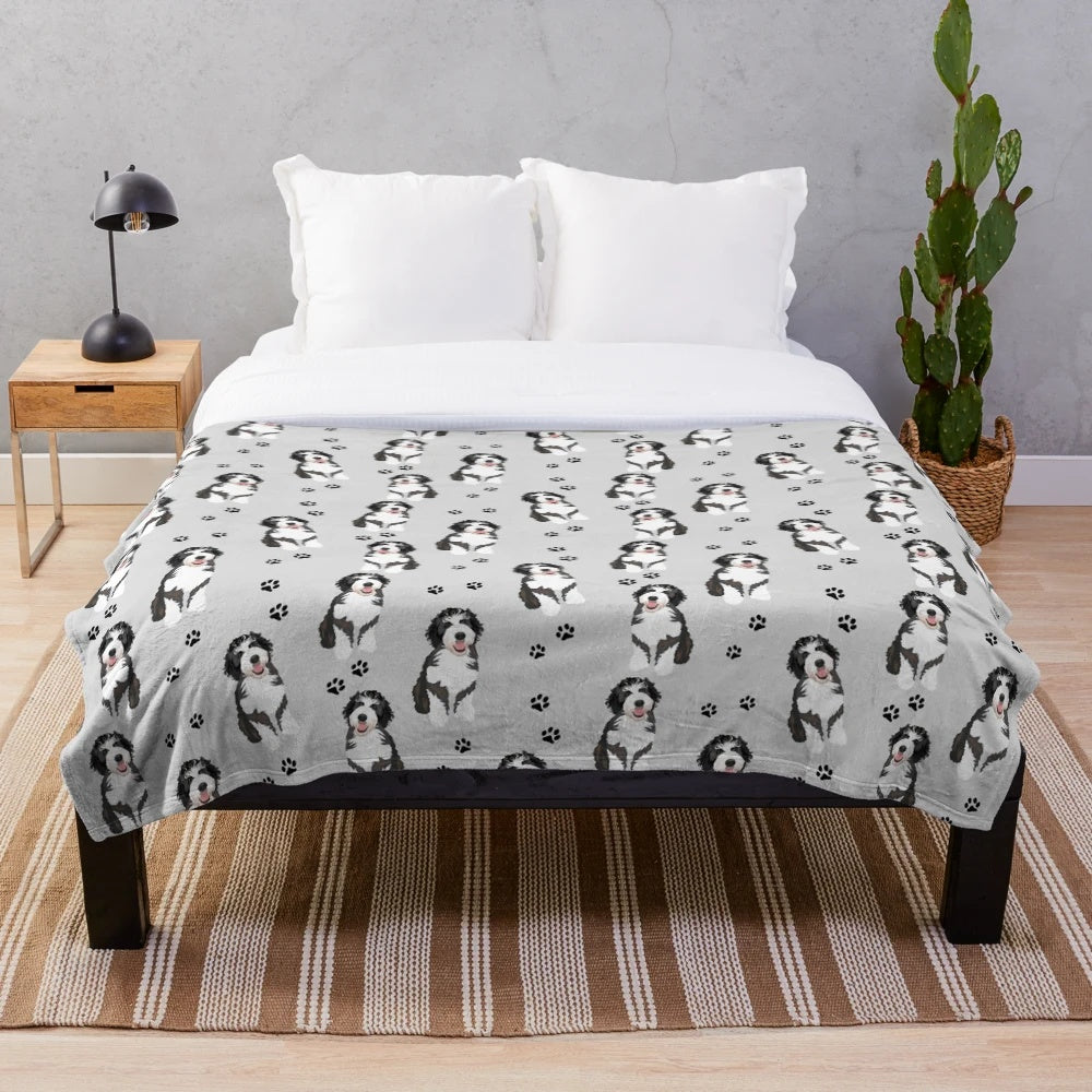 Soft, plush bernedoodle dog pattern blanket