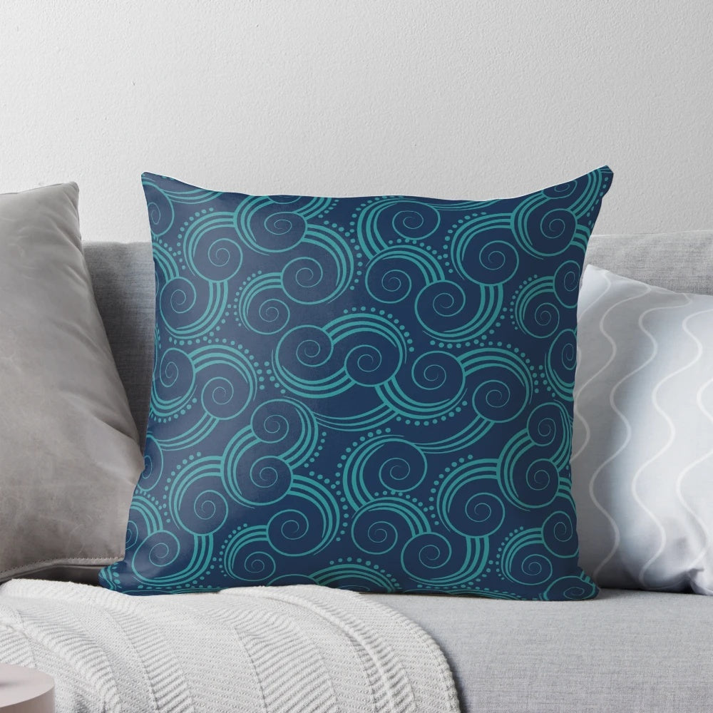 Navy and teal throw pillow with swirly water pattern, perfect for nautical or coastal home decor