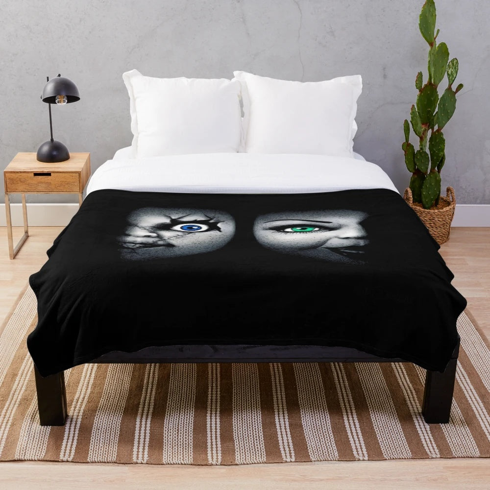 Bride of Chucky inspired plush blanket with Chucky doll design