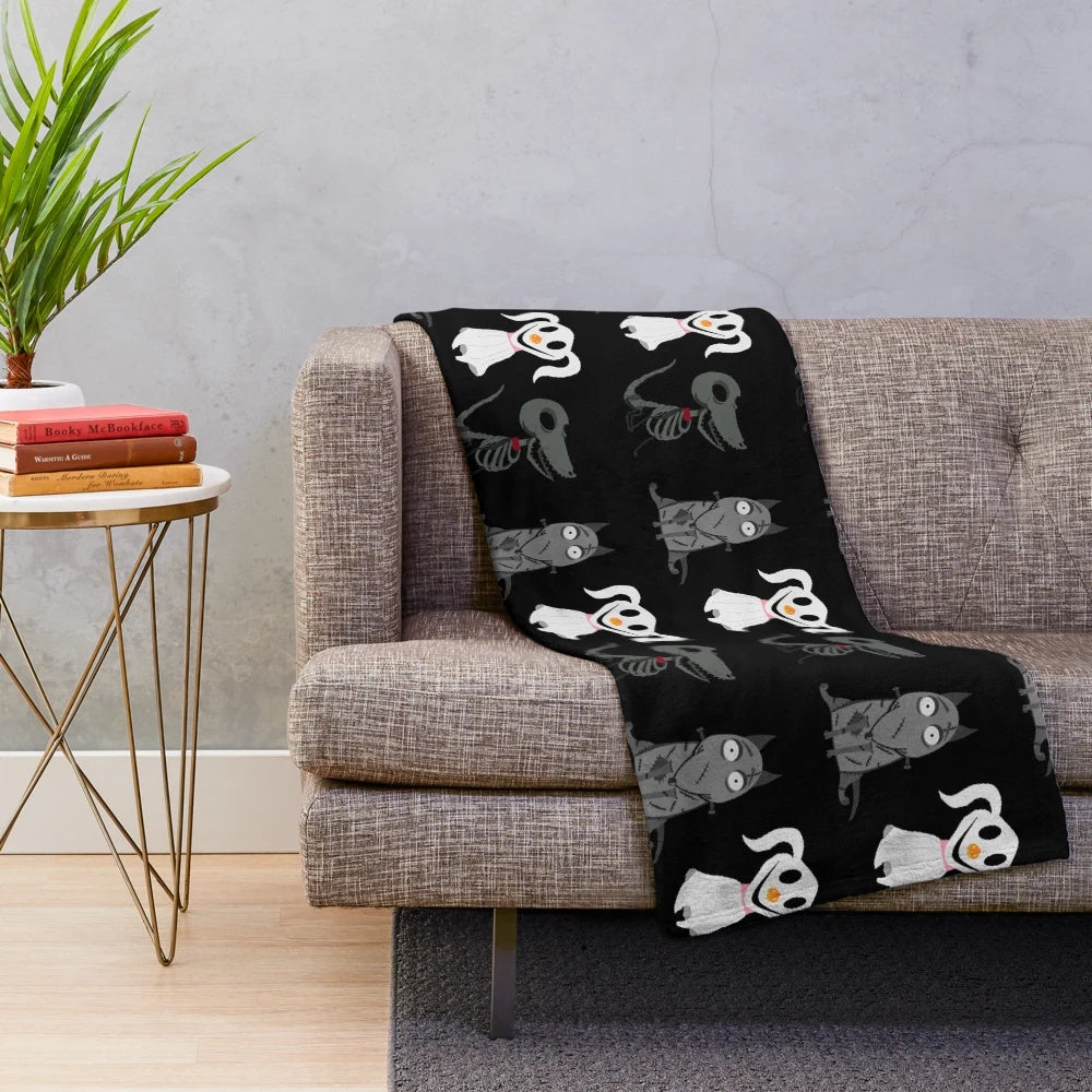 Plush blanket featuring cute dogs Zero, Sparky, and Scraps from The Nightmare Before Christmas, Frankenweenie, and Corpse Bride