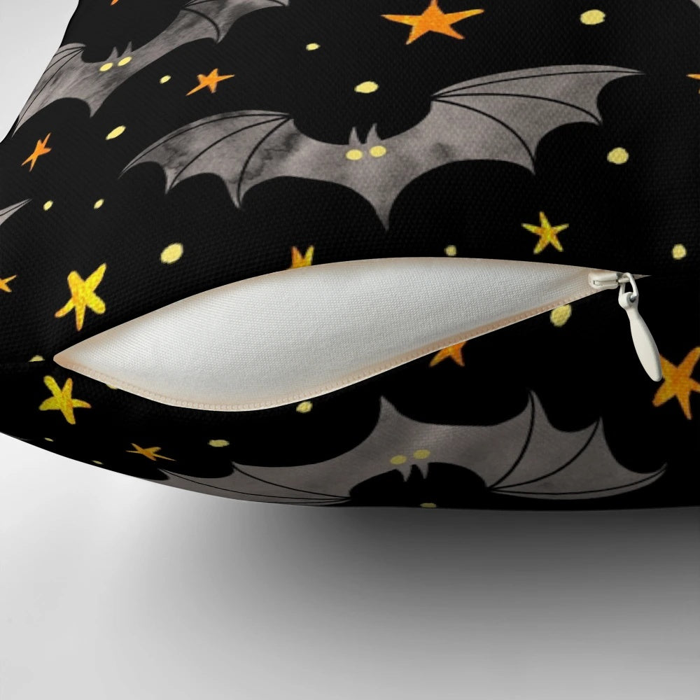 Watercolor bat pillow with yellow stars for spooky and haunted home decor
