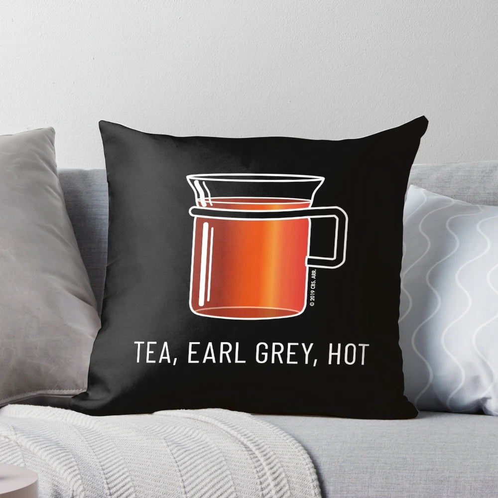 Minimalist pillow design featuring the iconic quote "Tea, Earl Grey, Hot" from Star Trek: The Next Generation's Captain Picard