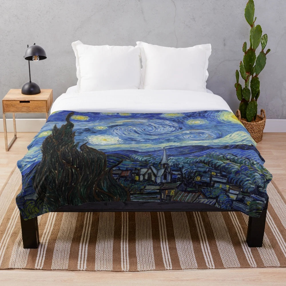 Starry Night inspired plush blanket featuring the iconic painting by Vincent Van Gogh