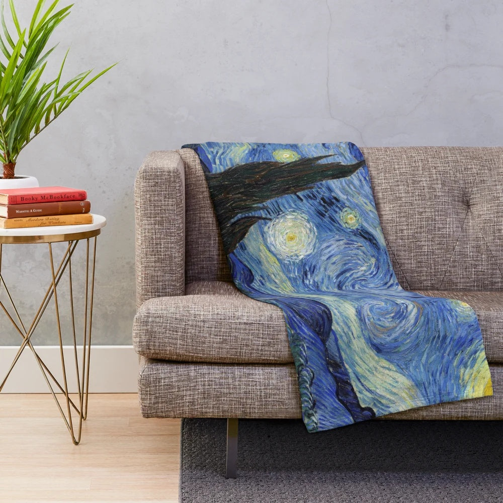Starry Night inspired plush blanket featuring the iconic painting by Vincent Van Gogh