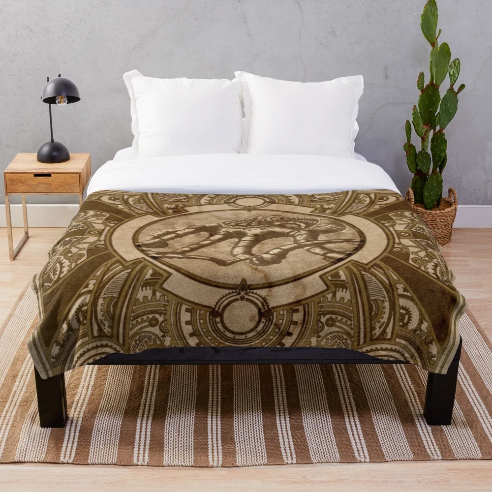 Steampunk inspired plush blanket featuring a detailed octopus design with gears and cogs