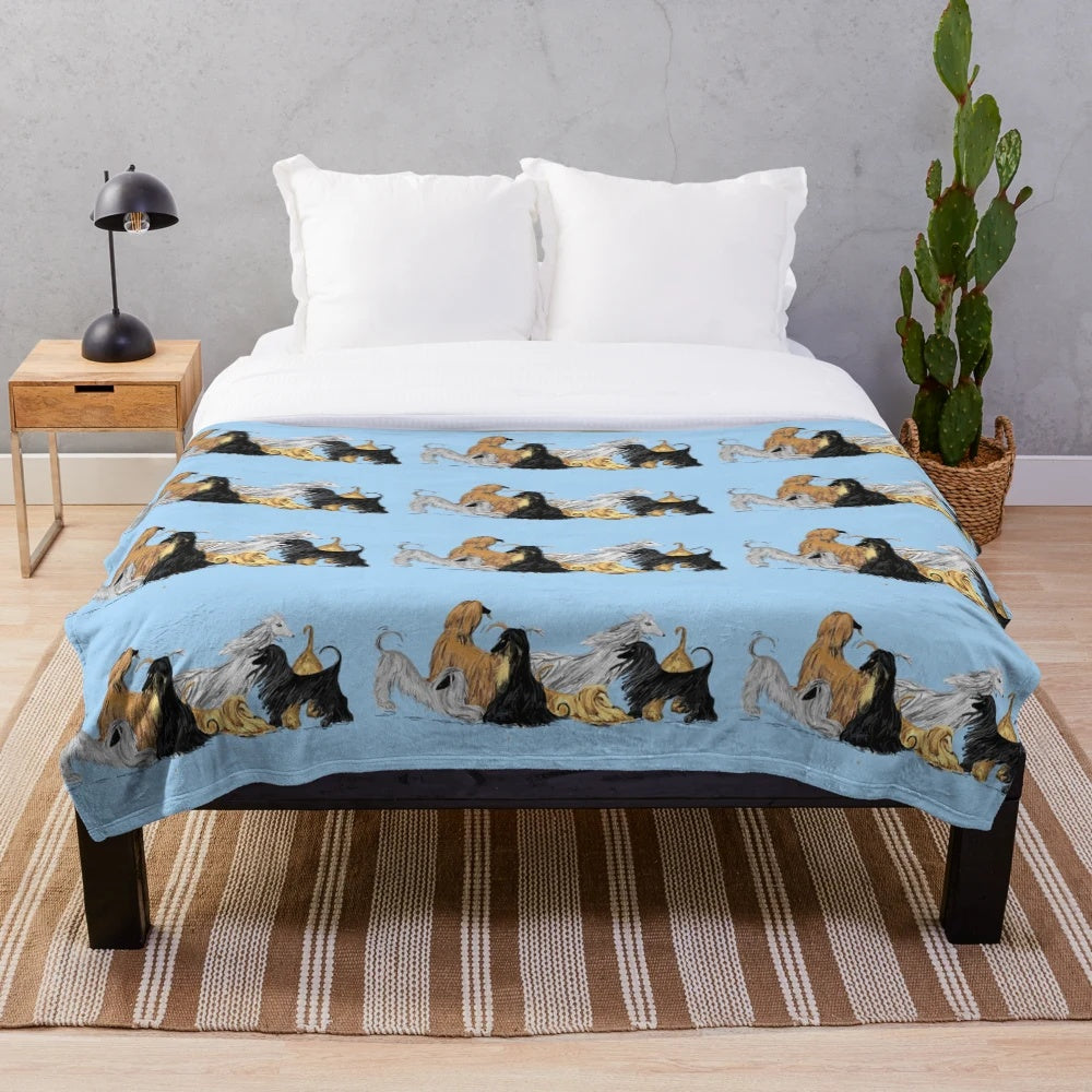 Illustration of an Afghan hound on a blue plush blanket