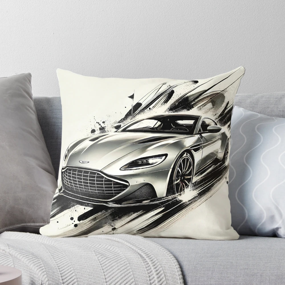 Aston Martin DBS decorative pillow with vibrant watercolor and calligraphy art design