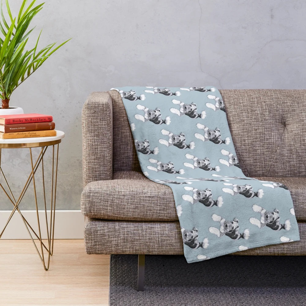 Black and white plush blanket with a wire haired fox terrier illustration