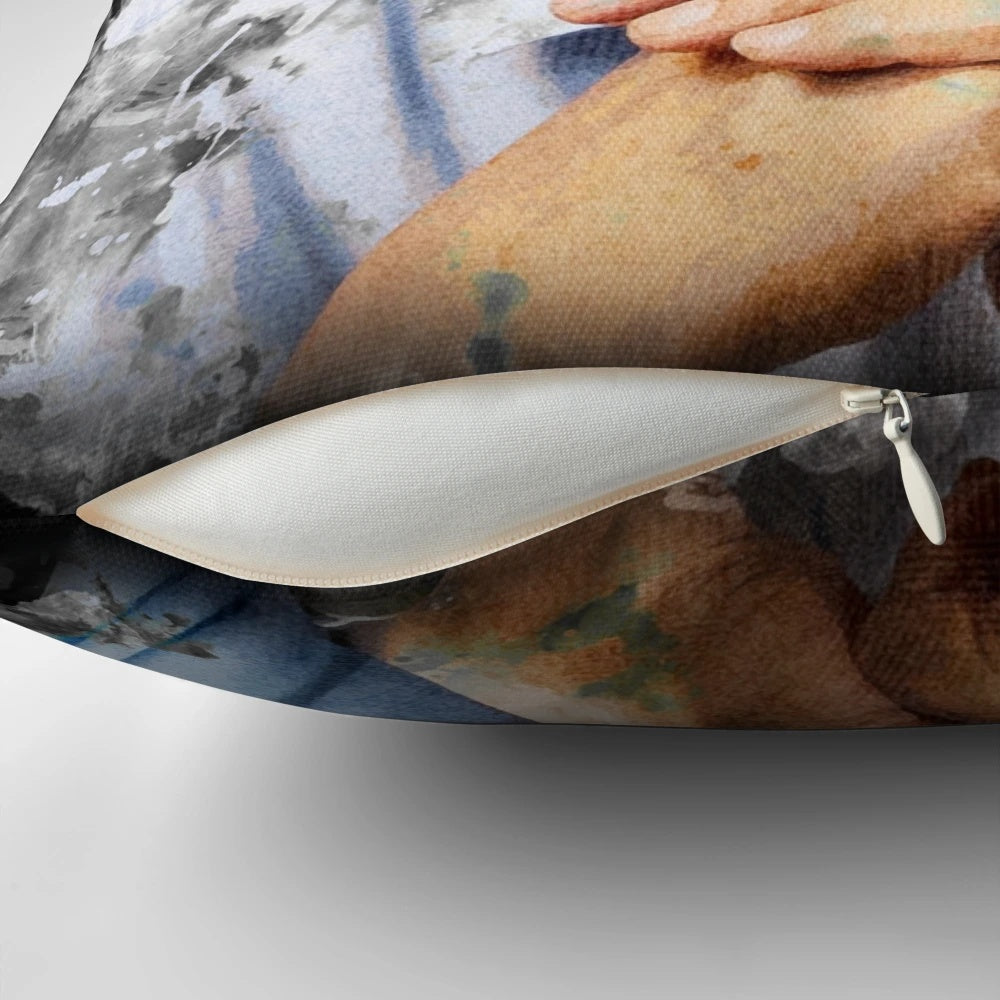 A decorative throw pillow featuring a watercolor portrait of the renowned naturalist David Attenborough