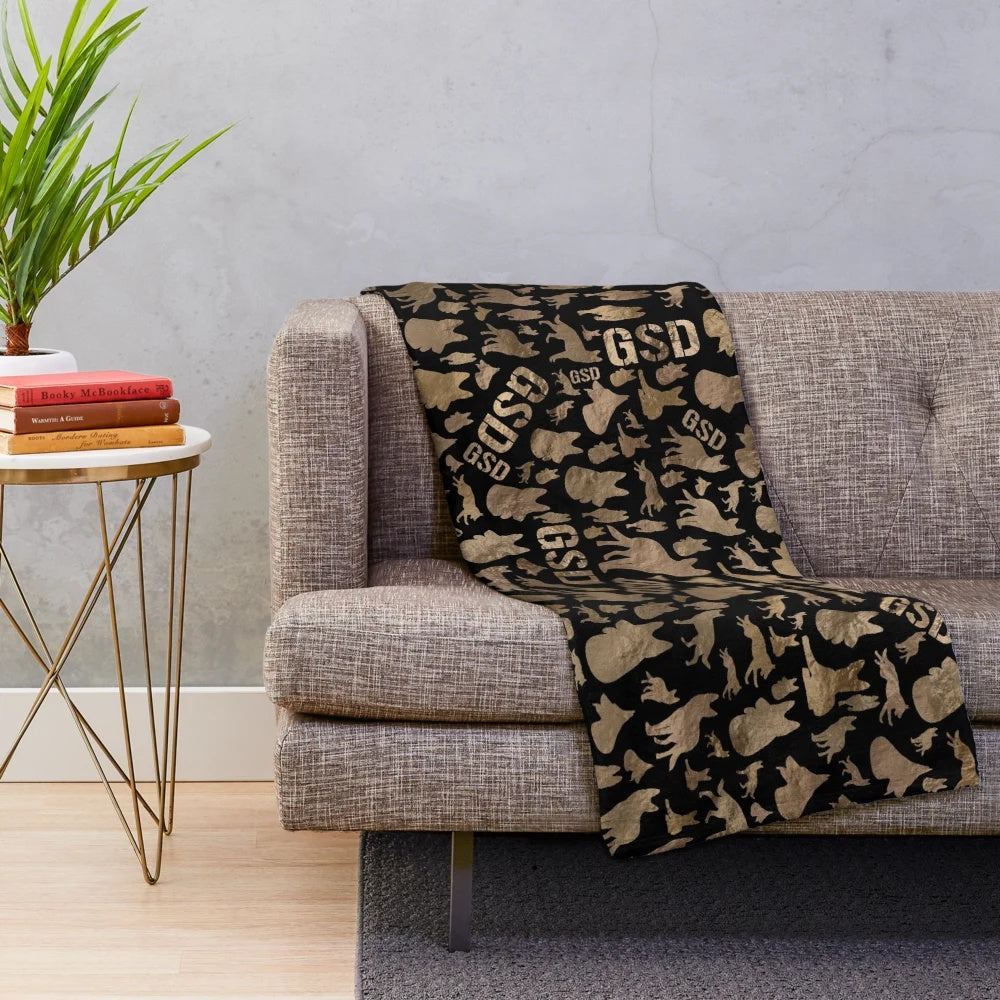 German Shepherd Dog Plush Blanket with Black and Gold Design