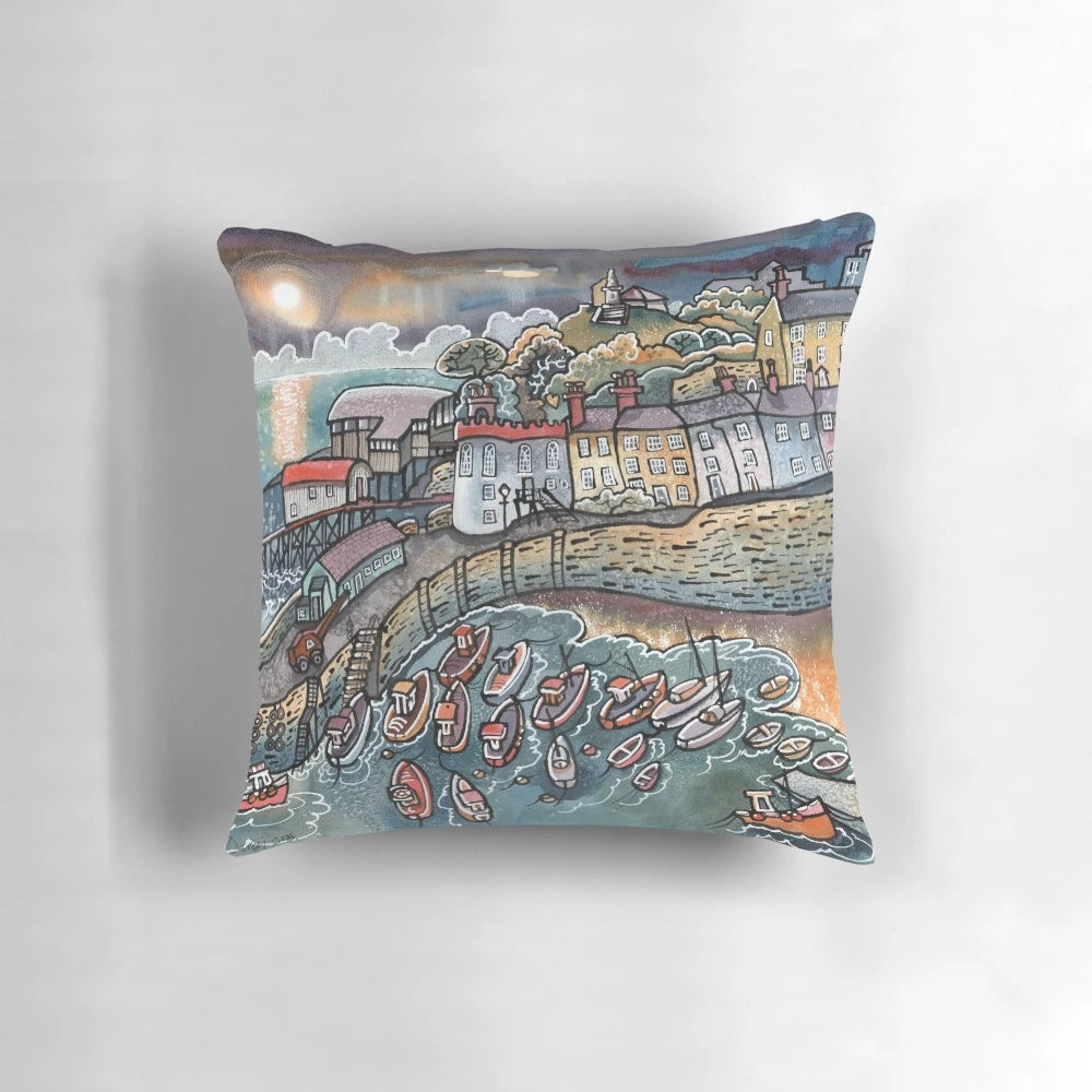 A beautiful watercolor painting depicting the harbor and night sky in Tenby, Wales.