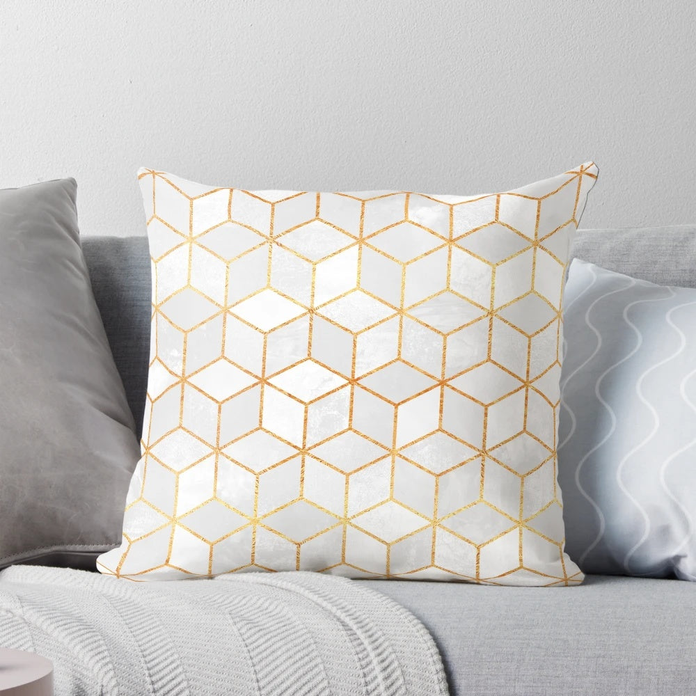 White and gold abstract geometric cube and hexagon design decorative pillow