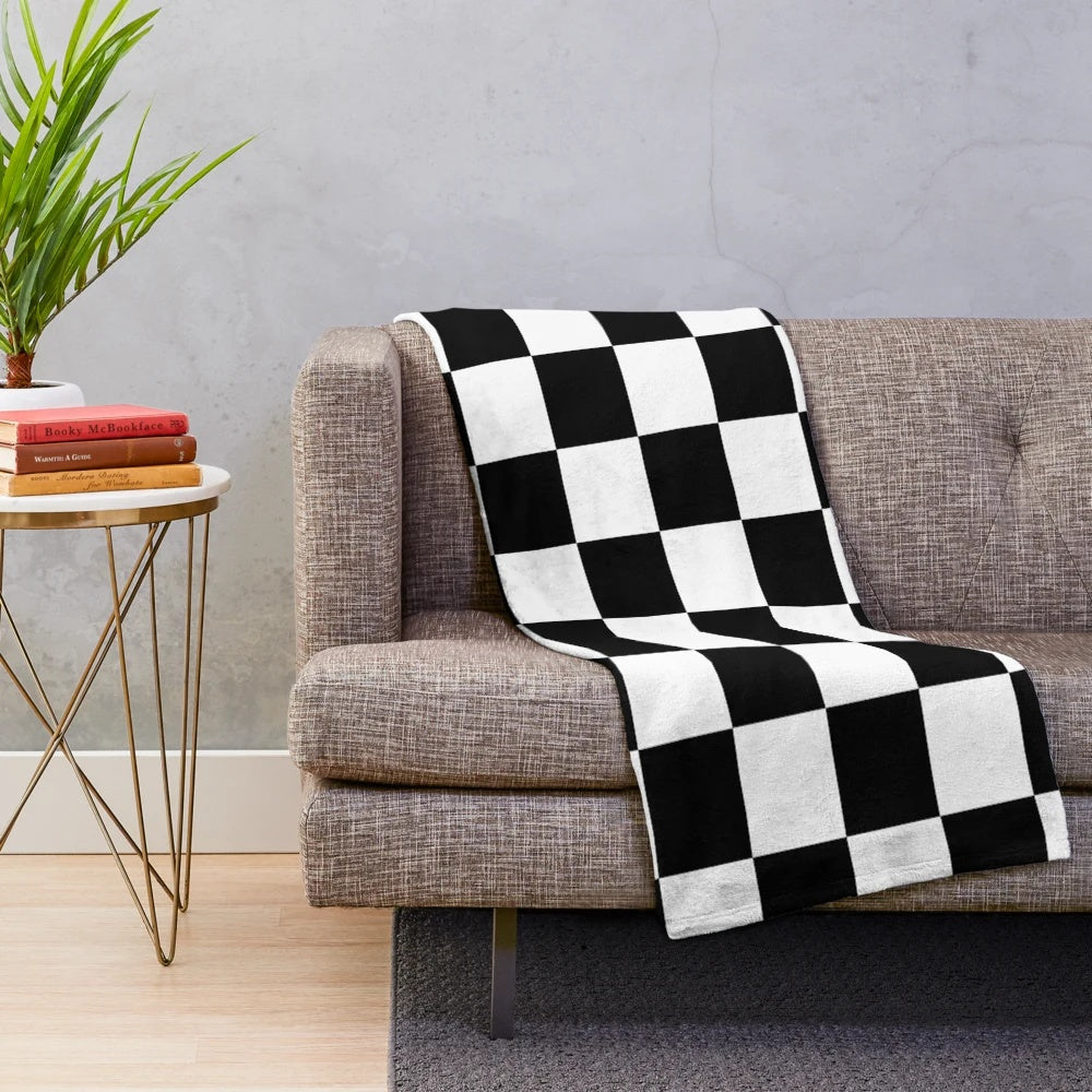 Black and white chess board pattern plush blanket