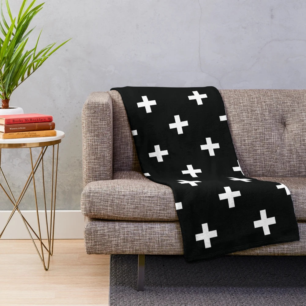 Black and white Swiss cross pattern plush blanket for modern home decor