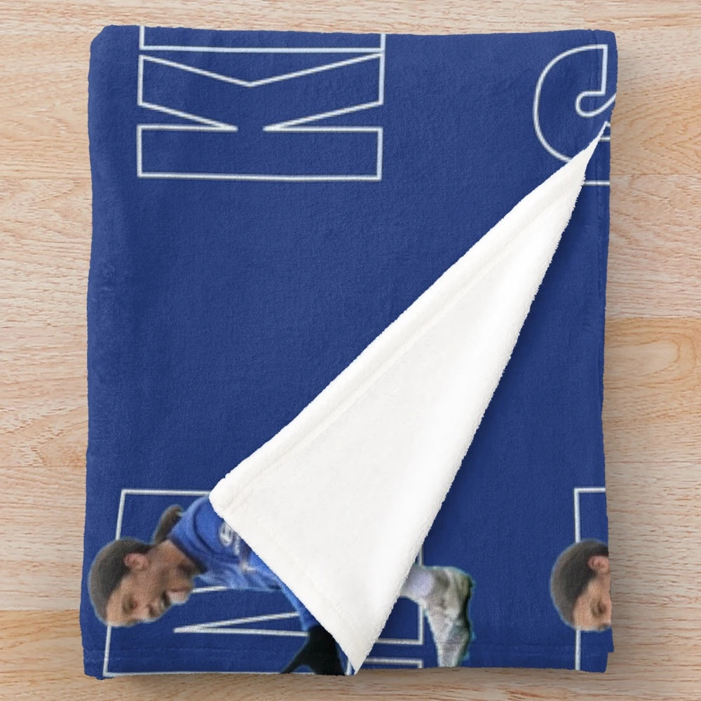 Blue plush blanket with graphic design inspired by Chelsea FC and Australian soccer player Sam Kerr