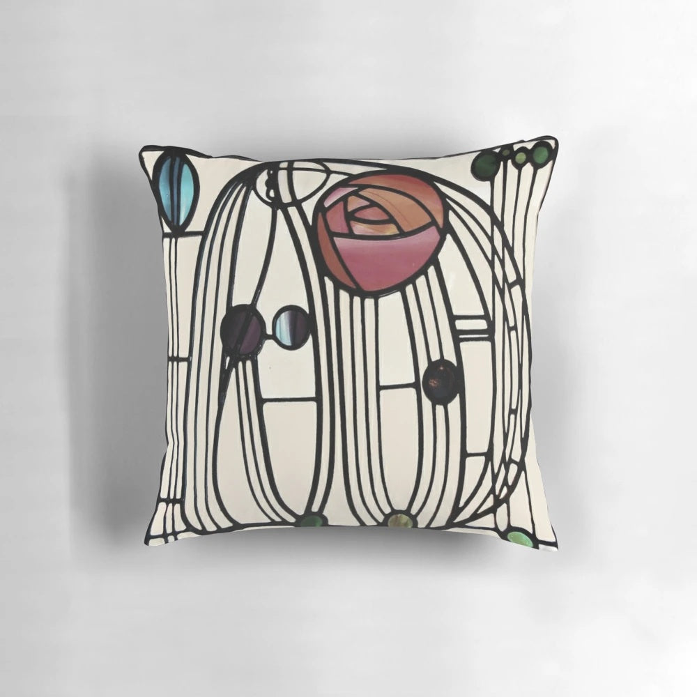 Vibrant floral pillow with Charles Rennie Mackintosh-inspired design
