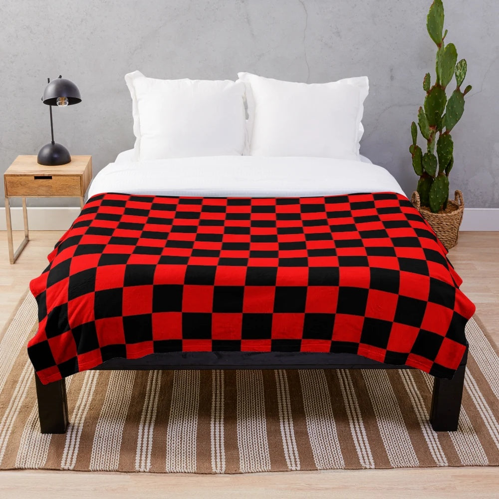 Checkered plush blanket in black and red for home decor