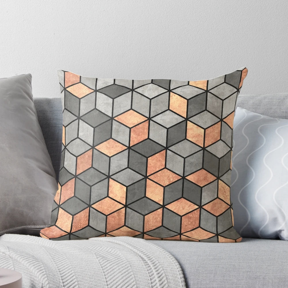 Concrete and copper cubed design throw pillow with a unique hexagonal pattern for industrial-inspired home decor