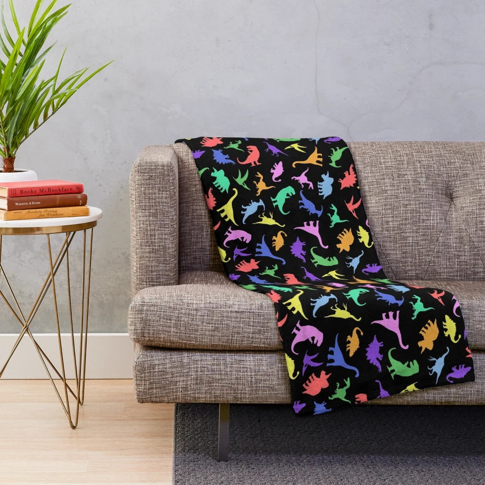 Cozy dinosaur pattern plush blanket with black background