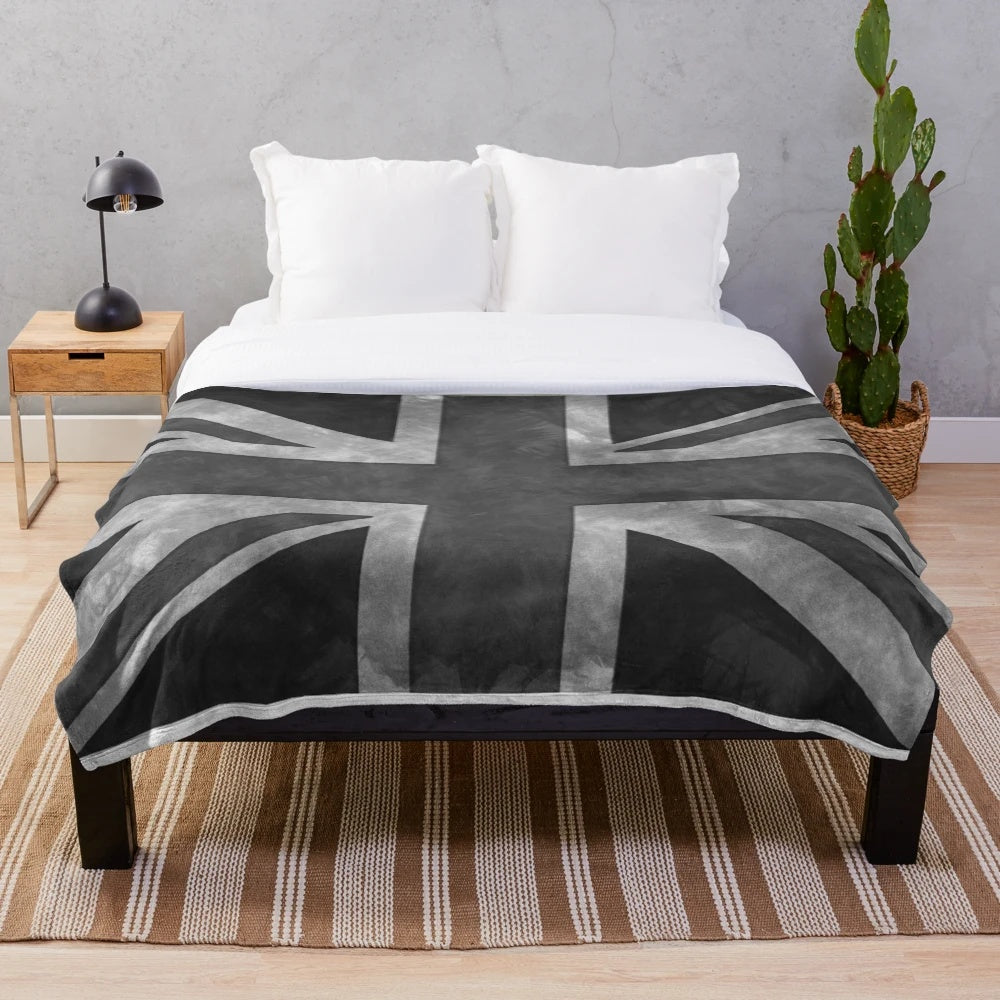 Greyscale plush blanket with distressed union jack design