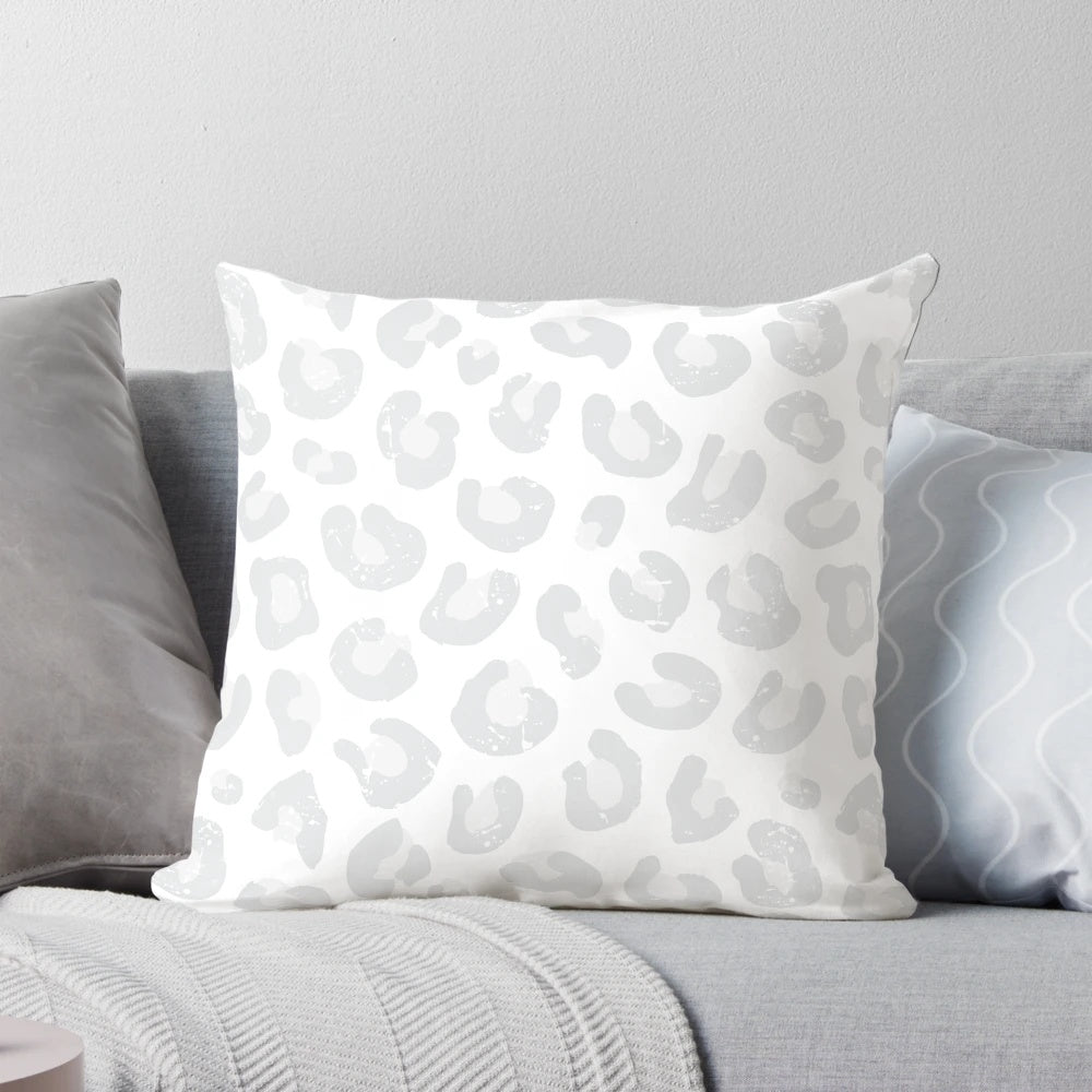 Leopard print decorative pillow in silver gray and white colors