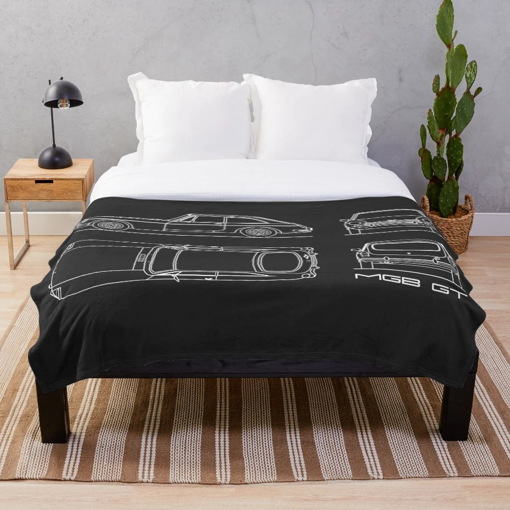 MGB GT V8 blueprint design on a plush, cozy blanket