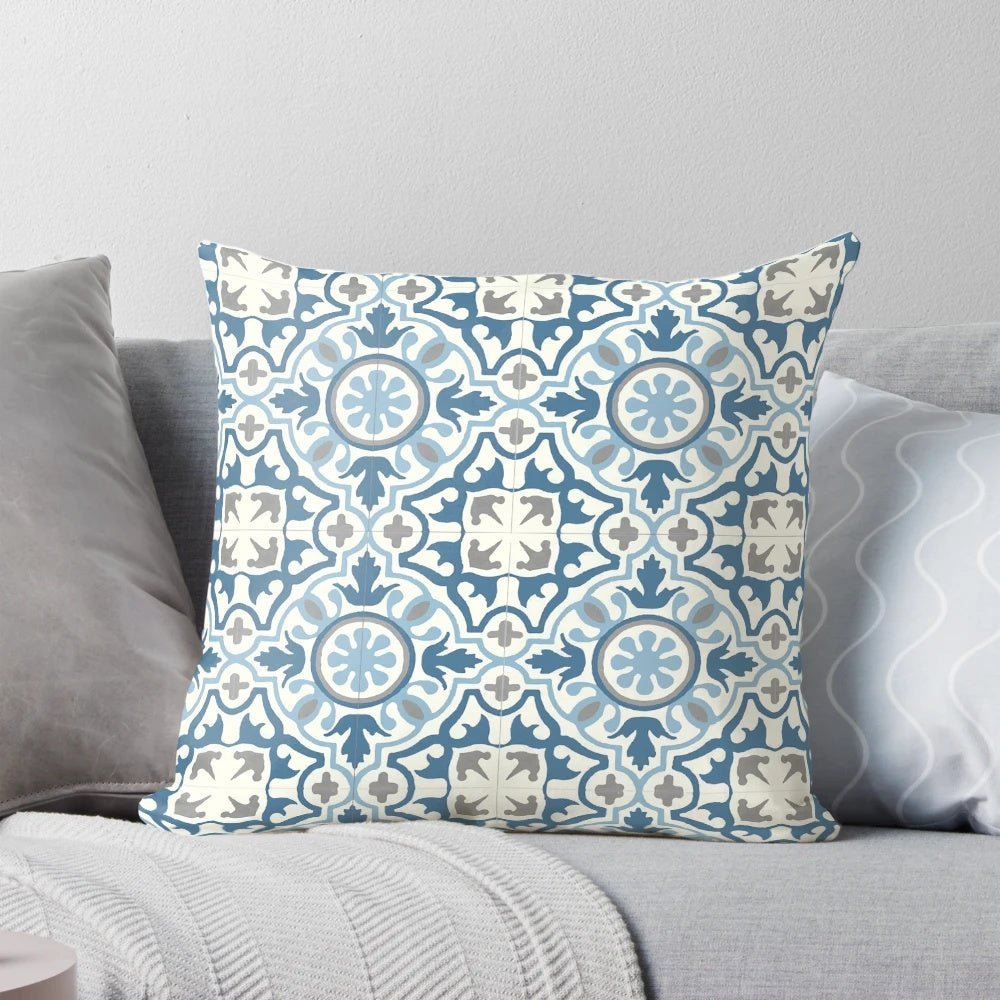 Moroccan tile pattern decorative throw pillow in shades of blue and grey