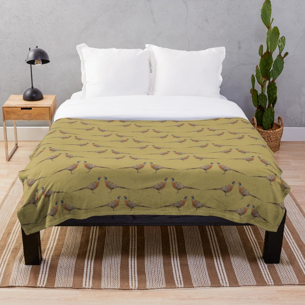 Pheasant pattern mustard plush blanket with feather design