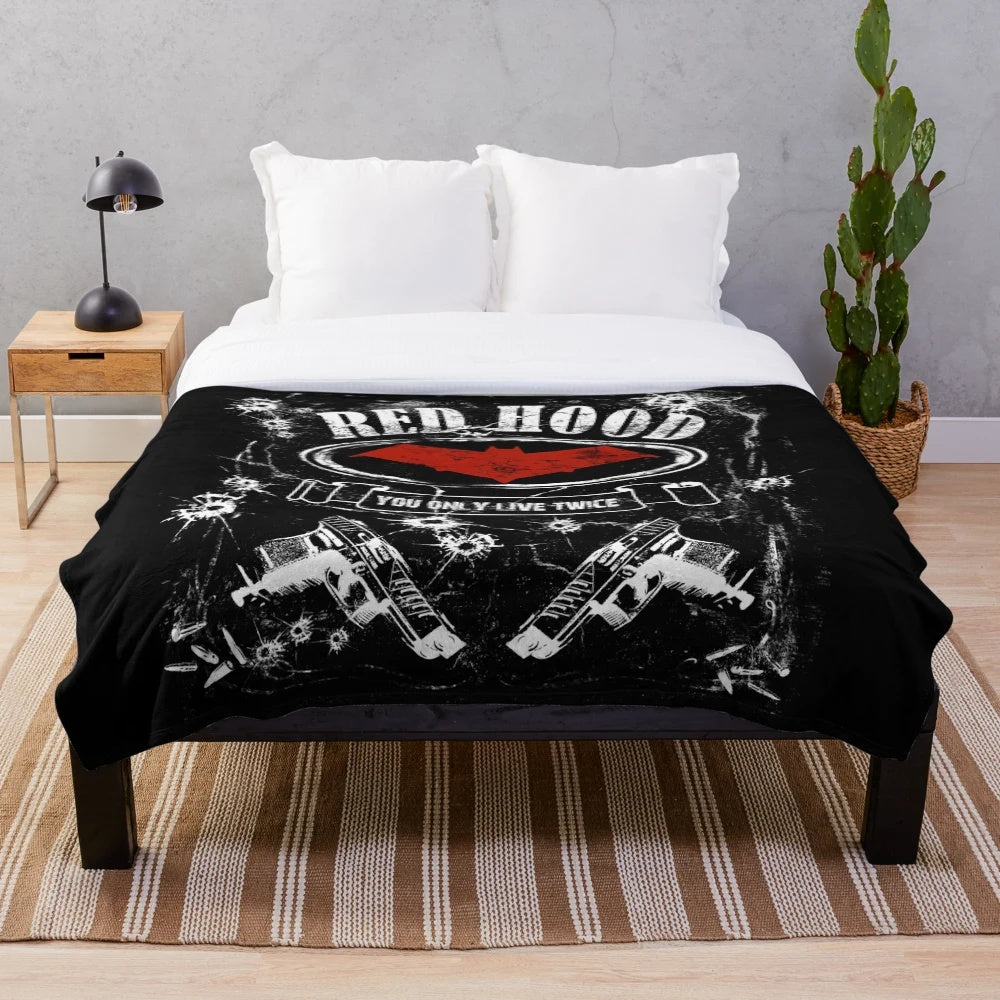 Red plush blanket with whiskey-inspired label design