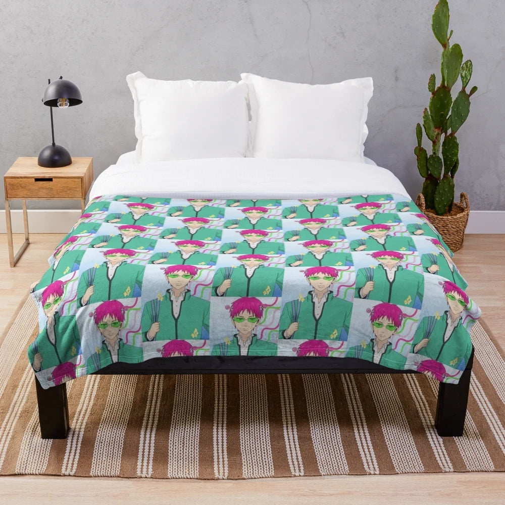 Saiki K anime-inspired plush blanket with hot air balloon, clouds, and pastel design