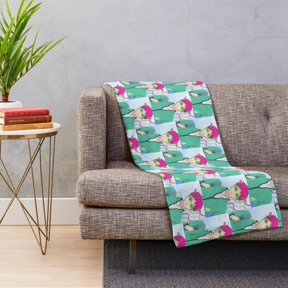 Saiki K anime-inspired plush blanket with hot air balloon, clouds, and pastel design