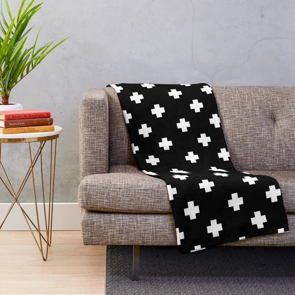 Swiss Cross Patterned Plush Blanket in Black and White