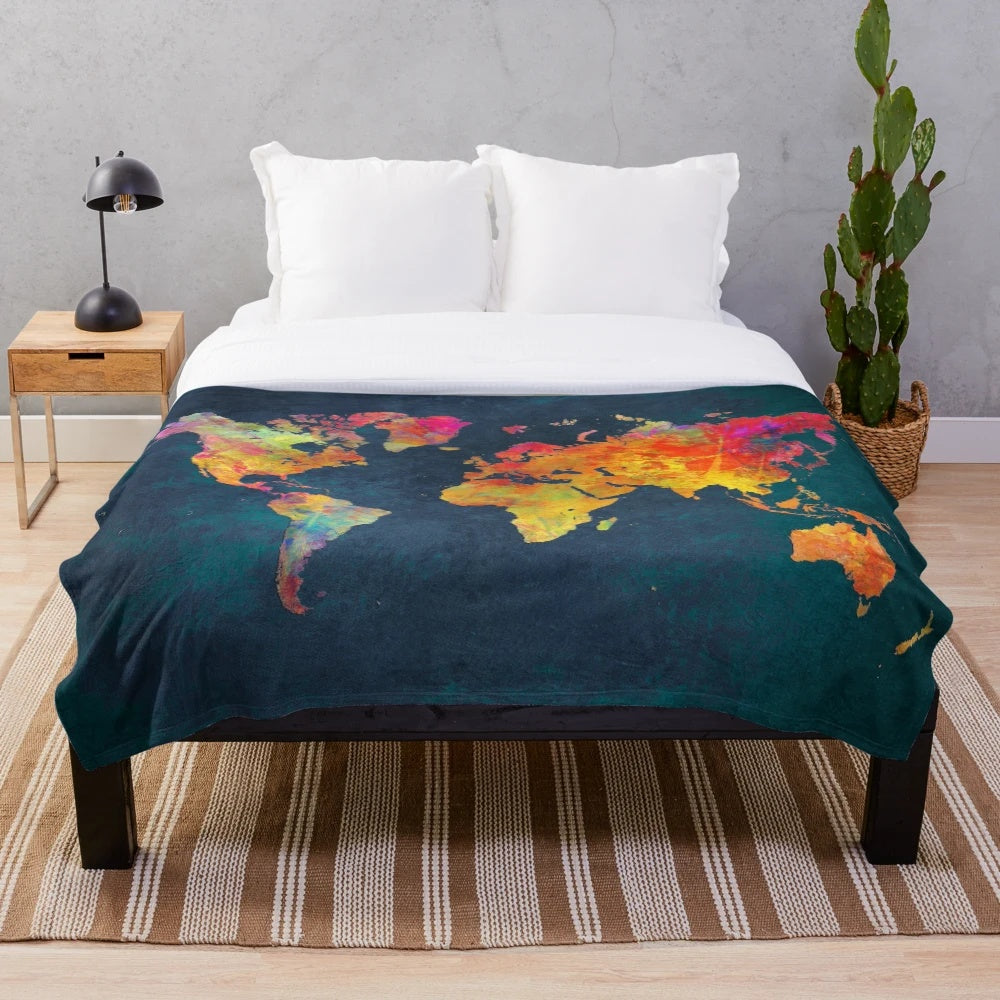 World map plush blanket with watercolor typography design