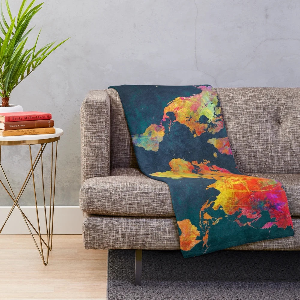 World map plush blanket with watercolor typography design