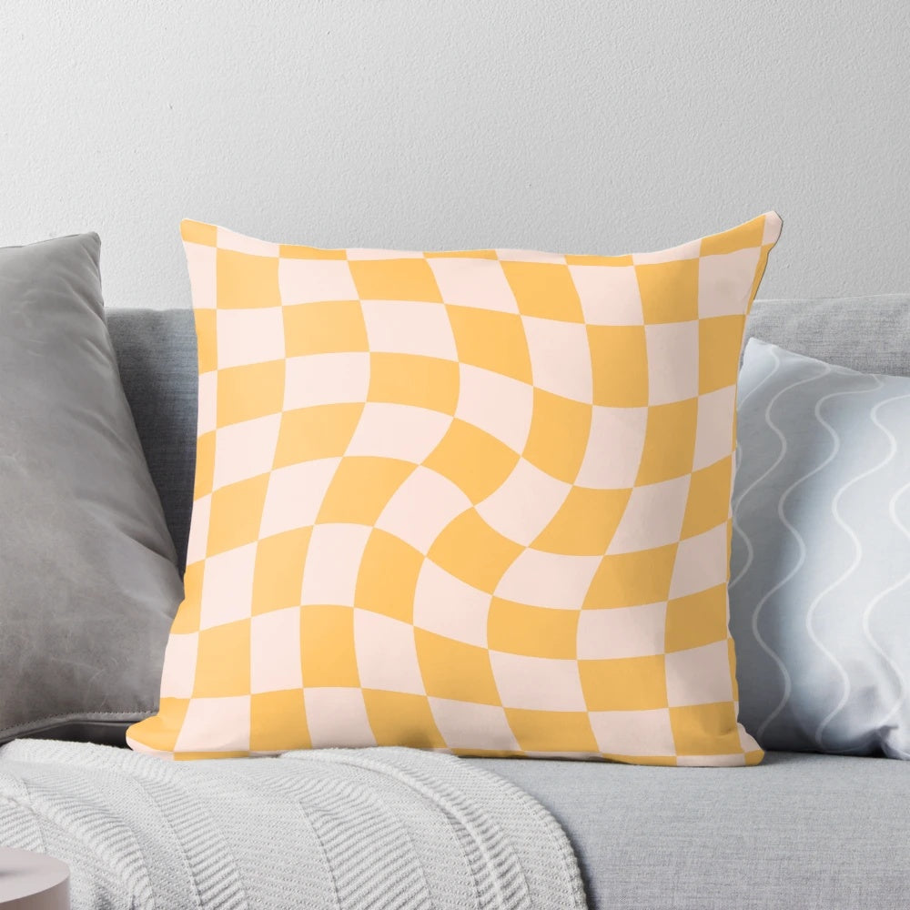 Yellow checkered pattern pillow with a vintage, retro design