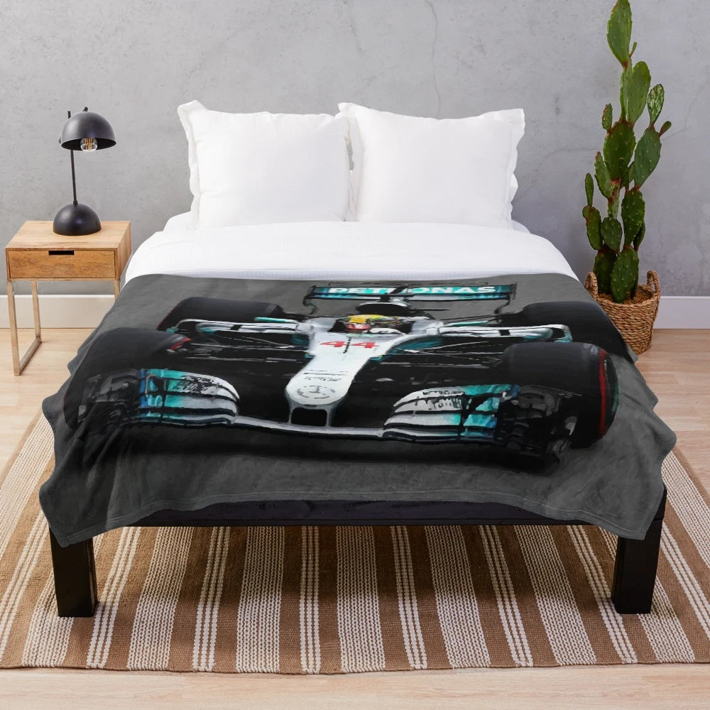 Formula 1 inspired plush blanket featuring a stylized Lewis Hamilton design