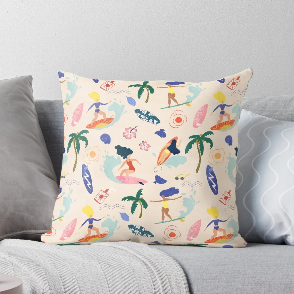 Colorful and vibrant 'Surfing Girl' pillow with a surfer riding a wave on a beach background