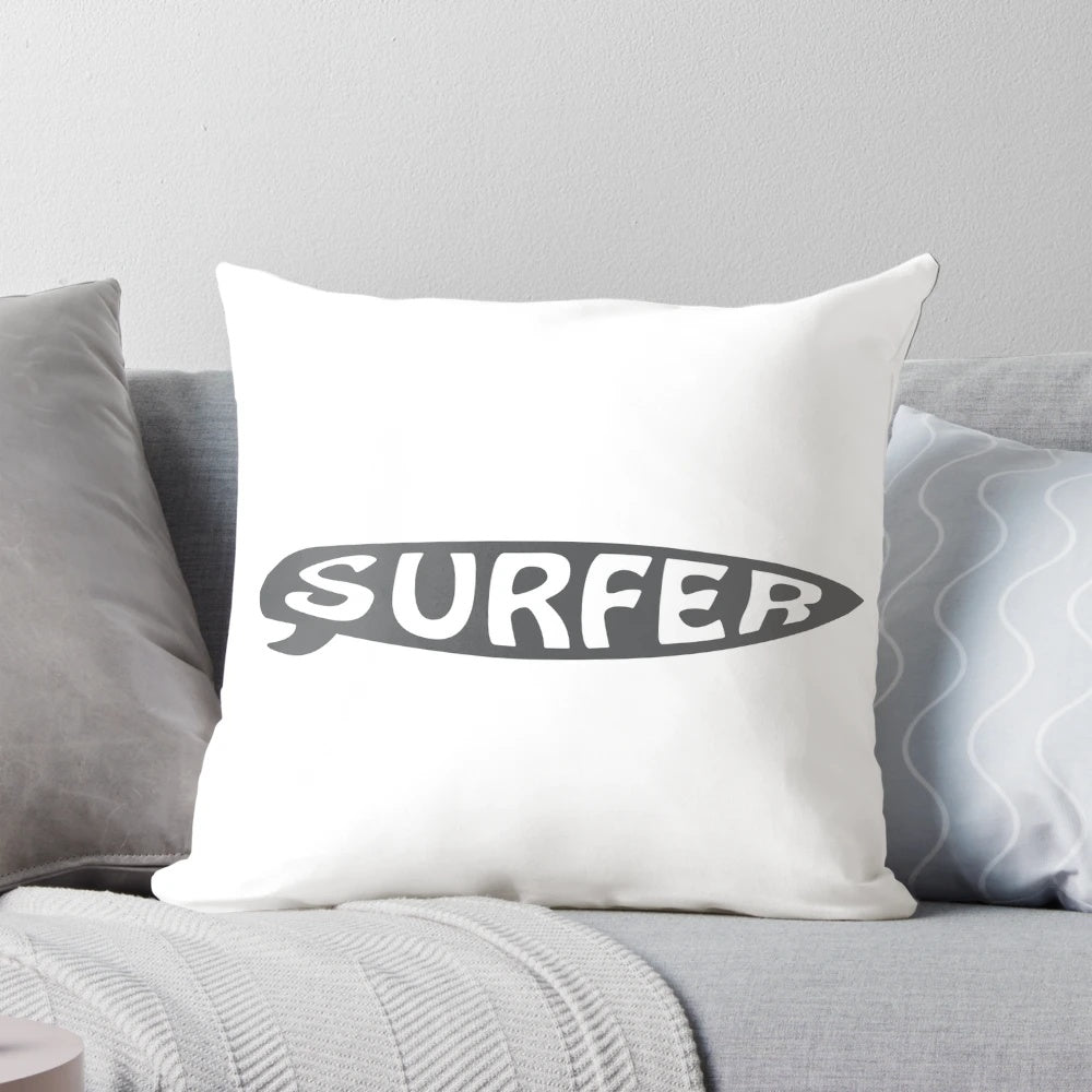 Soft, plush pillow with a vibrant, realistic printed surfboard sticker design, perfect for surfing enthusiasts and coastal-inspired home decor.