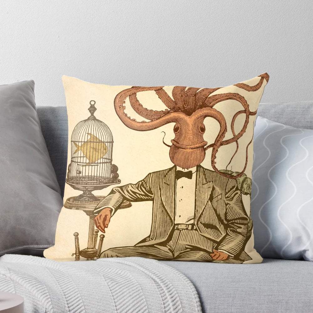 A surreal, collage-style image of a man's head with a haircut number 8, printed on a soft, plush pillow.