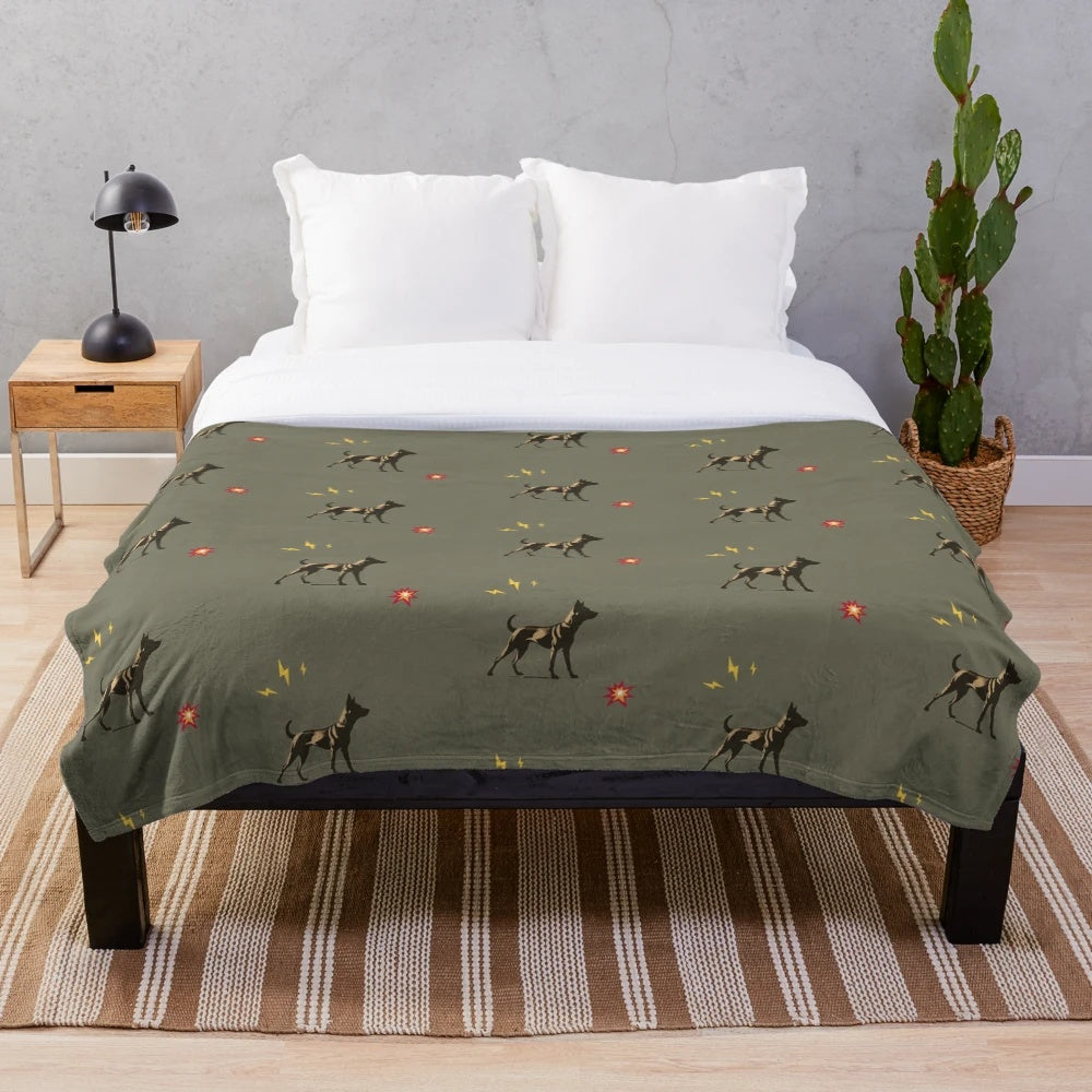 Military Working Dog Plush Blanket featuring a Belgian Shepherd in tactical gear