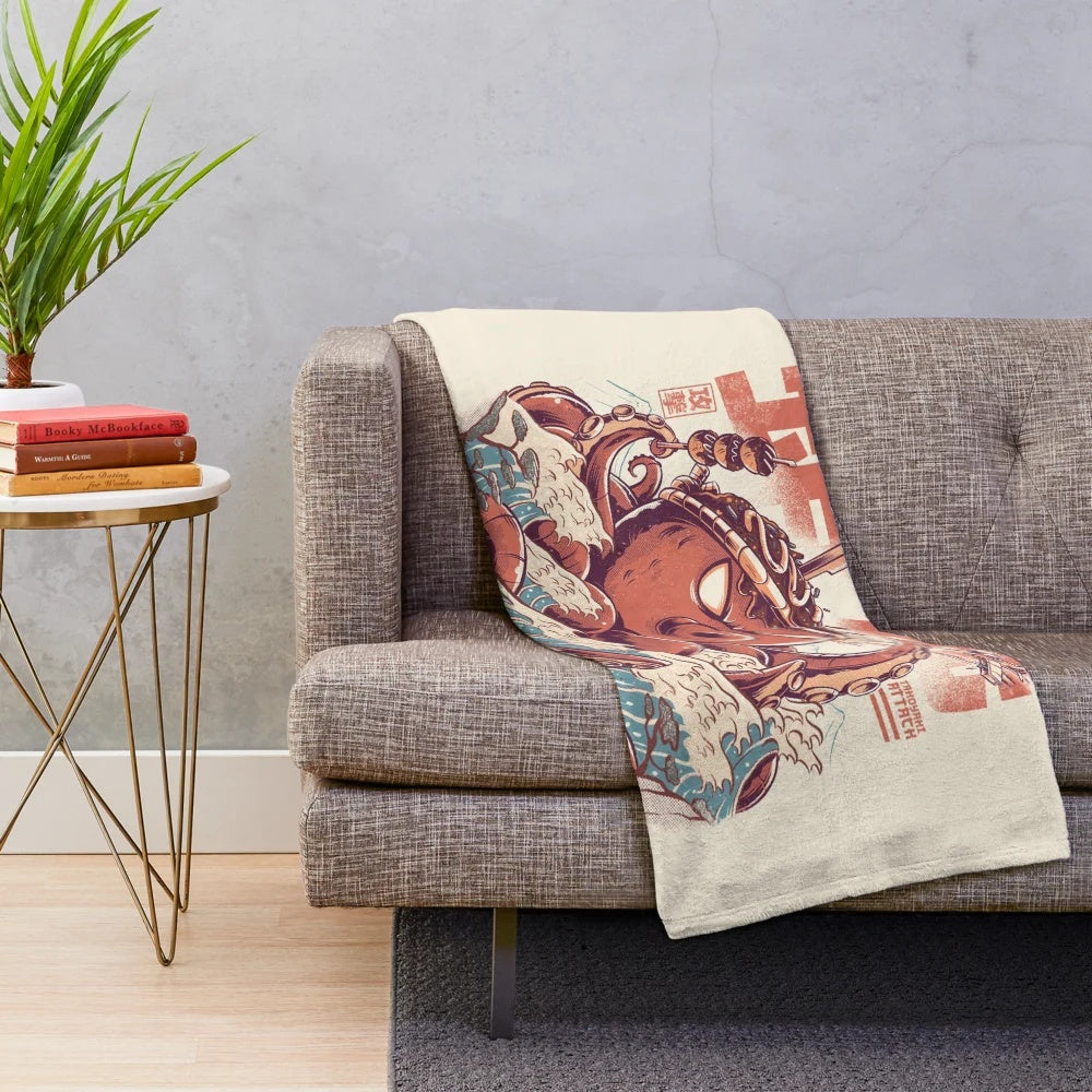 Takoyaki Plush Blanket featuring a retro Japanese inspired monster design