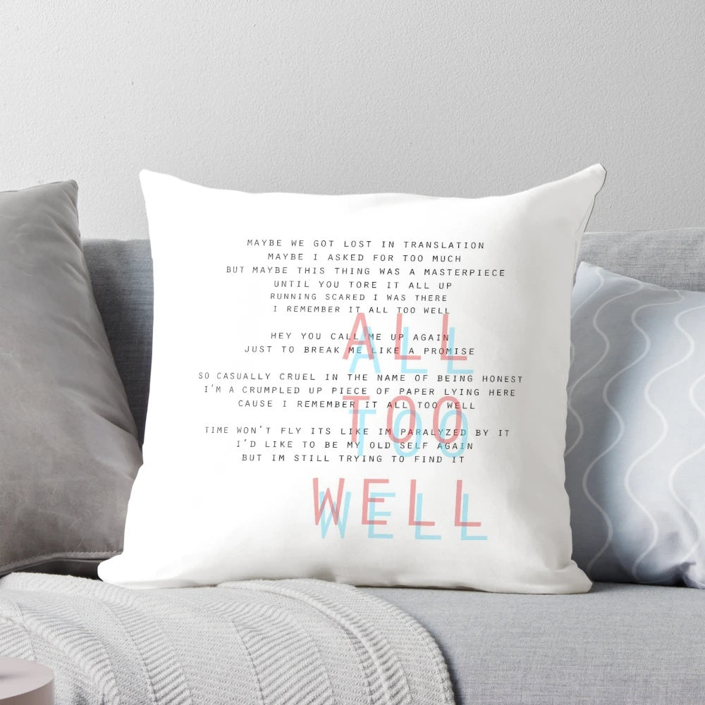 Taylor Swift inspired All Too Well song lyrics printed on a plush pillow