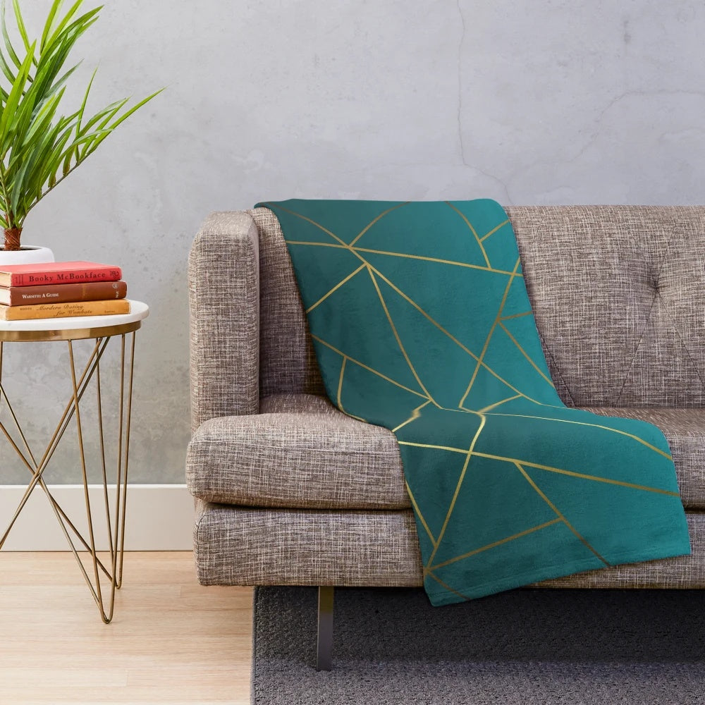 Teal ombre and metallic gold geometric design plush blanket