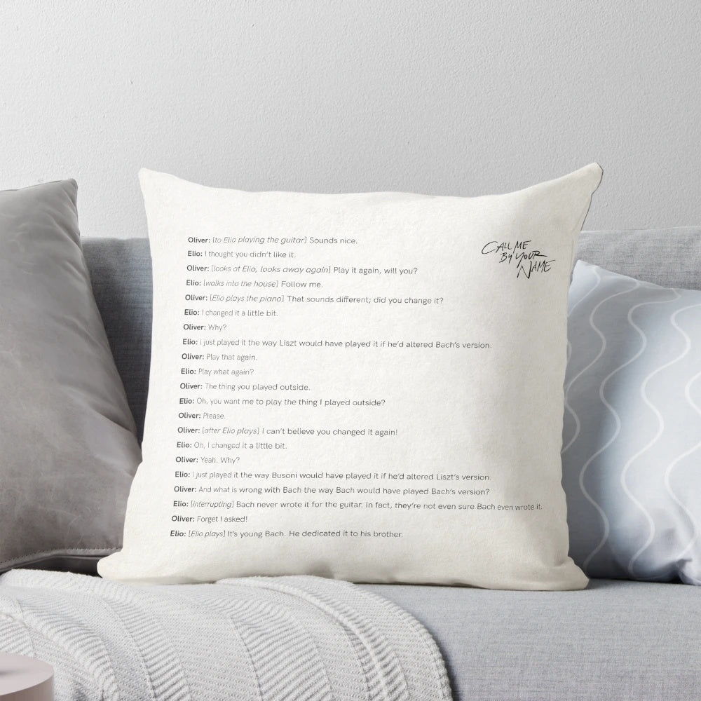 "Call Me by Your Name" movie scene pillow featuring Timothee Chalamet and Armie Hammer in a romantic embrace.