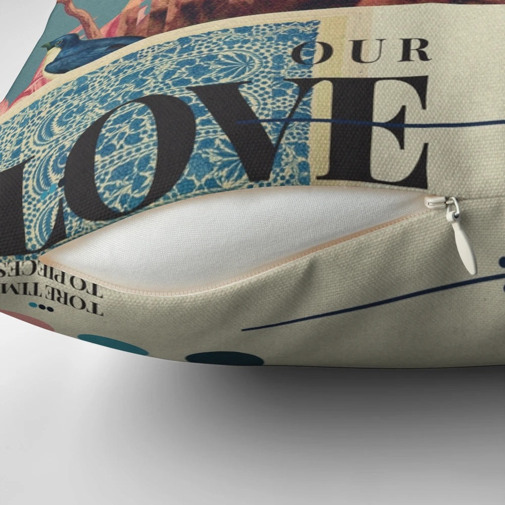 A vintage-inspired digital collage pillow featuring a romantic couple embracing, surrounded by flowers and birds, representing the enduring nature of love.